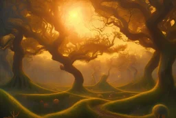 Great landscape, nature at sunset, Paradise Lost, spiritual, surreal, trees, fine art, tan skin, Vincent Van Gogh style, highly detailed, smooth, very sharp focus, illustration, bathing in light, ultra realistic illustration, close-up