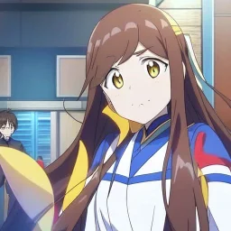 Clear focus, High resolution,a anime teenager, roughline skecth, cute, cartoony style, anime screencap, brown long hair, yellow eyes, 1 yellow streak in hair