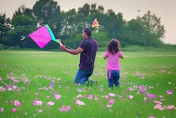 a father, a girl and a boy with a kite flying in the sky on the green field with flowers in sunshine