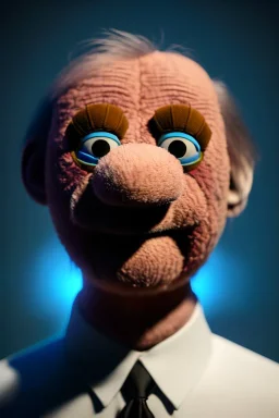 Waist up muppet Portrait, Vladimir Putin as muppet doll, Black suit, photo studio, blue background, unreal engine 5, concept art, art station, god lights, ray tracing, RTX, lumen lighting, ultra detail, volumetric lighting, 3d.