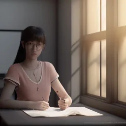 female student studying by the window, anime style, unreal engine 5, studio lighting --ar 2:1