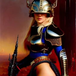 portrait 'Beautiful booty, Busty Blonde in black bra ',ancient metal armor and helmet ,painting by gaston bussiere, greg rutkowski, yoji shinkawa, yoshitaka amano, tsutomu nihei, donato giancola, tim hildebrandt, oil on canvas, cinematic composition, extreme detail,fit full head inside picture,16k