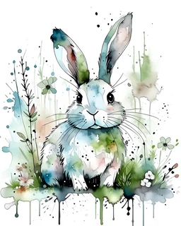 Watercolour effect, cute watercolor rabbit, forest, abstract,roschCh ink blot test, white background, muted colour's, no black colour only white more watercolour blobs, no outline, without details. Blooming flowers, more water blobs