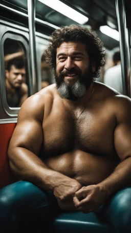 photography of an ugly turkish chubby burly muscular strong man 44 years old with beard, curly hair , sweat, completely wet, big shoulders. manly chest, hairy , smiling mouth, photorealistic ,big shoulders, shirtless, boxer, barefeet, side light, sitting in a crowded subway wagon , neon lights , barefeet, side light, sitting with open legs inside a crowded subway wagon , neon lights, barefeet, side light, frontal view