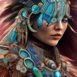 war painted pueblo Indian female,detailed eyes, blue eyes,, disturbed expression.intricate detaile,thnically accurate face, intricate head dress,detailed turquoise jewelry, detailed hair, detailed feathers, use dynamic palette, accurate proportions, high contrast black smokey bokeh background.studio ghibli,andrea bonelli, style.