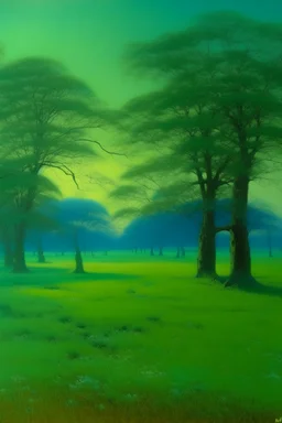 A greenish blue savanna with tall trees painted by Birge Harrison