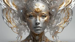 figure of a woman, art from the "art of control" collection by Jasper Harvey, in the style of futuristic optics, silver and gold, flower, bird, plant branches, detailed facial features, swirling vortices, 8k 3d, bizarre cyborgs made of crystals, high detail, high resolution, 8K