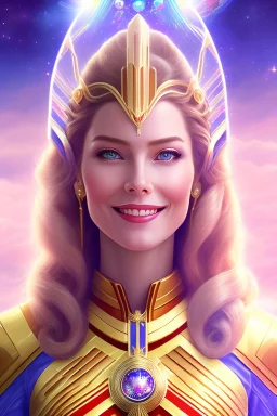 cosmic woman smile, admiral from the future, one fine whole face, crystalline skin, expressive blue eyes,rainbow, smiling lips, very nice smile, costume pleiadian, Beautiful tall woman pleiadian Galactic commander, ship, perfect datailed golden galactic suit, high rank, long hair, hand whit five perfect detailed finger, amazing big blue eyes, smilling mouth, high drfinition lips, cosmic happiness, bright colors, blue, pink, gold, jewels, realist, high commander