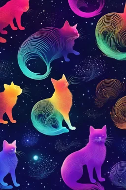 high quality, beautiful and fantastically designed silhouettes of colorful cat due to gravitational waves, beautifully designed wavelengths, very weak vibrations caused by fluctuations in the gravitational field of the universe, wave nature, stretching and compression, by yukisakura, awesome full color,