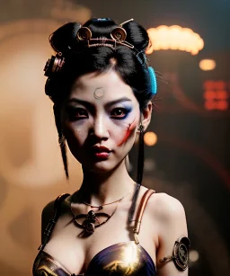 Ultra realistic, steampunk , , cabaret scene. Geisha Asian woman. alien people, smoke, happy, color fog, people background, highly detailed, concept art, unreal engine 5, god rays, ray tracing, RTX, lumen lighting, ultra detail, volumetric lighting, 3d, finely drawn, high definition, high resolution.