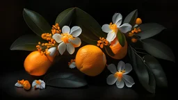 orange fruits and white neroli flowers,dark backround,12K