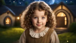 little young hobbit girl toddler, beautiful, confident, calm, wise, happy, innocent, facing camera, head and shoulders, curly hair, hobbit clothing, perfect eyes, LOTR village, hobbit homes with circular windows and circular doors, night scene, stars, fireflies, 16k artistic photography, exquisite composition, photorealistic concept art, soft natural volumetric light, chiaroscuro, award-winning photograph, masterpiece, style William-Adolphe Bouguereau