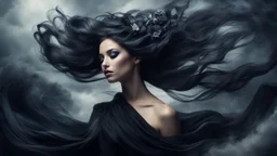 a girl with hair and flower on her forehead, in the style of eerie dreamscapes, flowing fabrics, t romantic windblowing, swirling hair, Windy, swirling dark style Dark, misty, fantasy Dark, Texture, eerie, macabre, black smoke, ultraclear image"