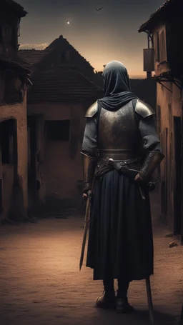 Make me a picture of a Muslim knight, standing in front of old and small houses, make the picture in the dark, with his back to the screen.