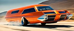 award winning car and driver photograph of a futuristic station wagon designed by only one vehicle per image painted metallic orange traveling at a high rate of speed, jet intake off of front center of vehicle and jet exhaust out the rear with bright blue flame, bilaterally symetrical, more a high speed road vehicle