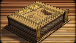 comic style1 singular Book lying with a cover on table the cover depicting a woman, medieval grimoire, no people, no cluter