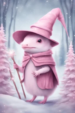 (anthropomorphic pink and white axolotl),dressed in wizard clothes with shinig stars and huge witchhat, cute, winter forest on background, paper texture, magic runs arond