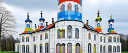 A white cloudy sky with a puffy palace painted by designed in Matryoshka dolls painted by Piet Mondrian