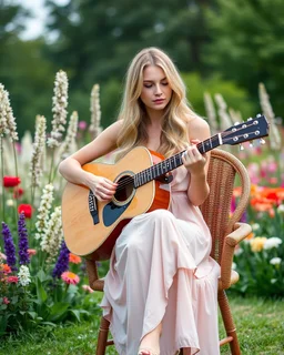 Full a length image Photography Realistic beauty photo lens soft blur Beautiful woman super model blond long hair, casual gown, as guitarist playing acoustic guitar style ,and combination natural plant flowers,she on sitting on big chair,in wonderful park garden flowers background