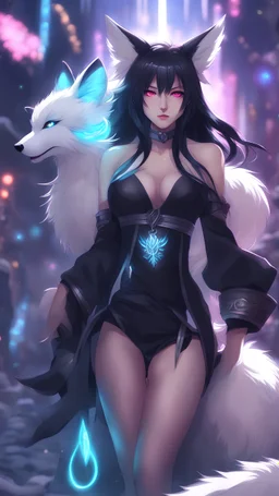 A close hot picture of Ahri with black hair and black Japanese Clothes and nine White fox tail with neon glowing in fantasy world