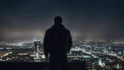 An Englishman in a bomber jacket standing at the top of a tall building looking across a city at night