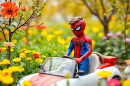 A beautiful boy in Spider mancaracter standing in a toy car in a flower and tree farm