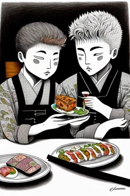Two boycats, sitting at a table, eating sushi,perfect iris, ink and pencil, style Elisabeth Kreitz