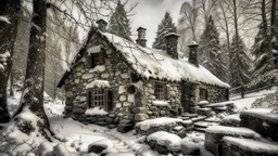 stone cottage in forest in winter