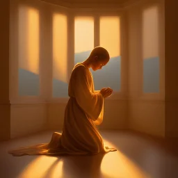 A single figure kneels in prayer, bathed in a warm, golden light spilling through a window. The figure's features are obscured, focusing on the posture of surrender and a subtle glow around the heart area.