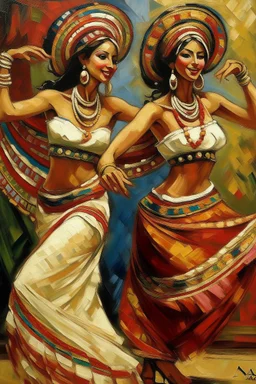 2 maxican woman dancing traditional art neoclassisim