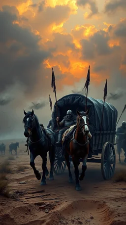 Bosch painting style nightmare , 3D ,a wagon pulled by horse guarded by strong soldiers with sticks dramatic misty scene of the sunset time in a stormy weather in the desert background, high Quality picture , 8k