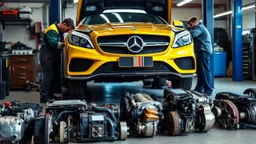 A car repair shop where two people in work clothes are repairing a black and yellow Benz CLS 550. At the bottom of the image, a collection of car engine parts is arranged on the floor, with lighting and a classic atmosphere.
