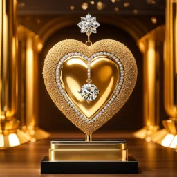 A magnificent golden and silver heart-shaped sign adorned with a stunning golden sphere encrusted with sparkling diamond clusters at its center, elegantly spinning in position.