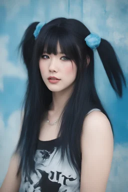 an absolutely gorgeous Japanese female named Christine Sixteen with Long, pitch-black hair, two ponytails, bangs cut straight across forehead, blue eyes, sky blue stained wall in the background, dressed as a member of the Rock and Roll band KISS,
