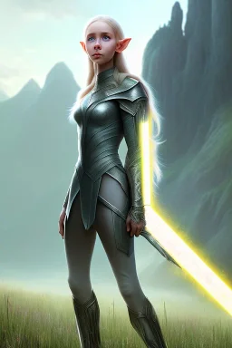 elven young woman, wearing light dress, happy expression, visible ultradetailed armonious cute femine face, visible ultradetailed legs feet hands and pointy ears, luminous weather, field in the mountains, ultra realistic, concept art, intricate details, highly detailed, photorealistic, octane render, 8 k, unreal engine, art by artgerm and greg rutkowski and charlie bowater and magali villeneuve and alphonse mucha