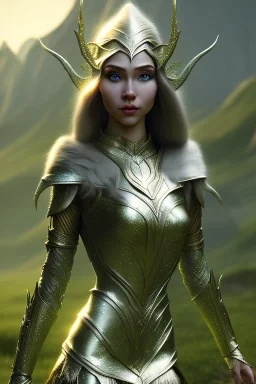 elven young woman, wearing light dress, happy expression, visible ultradetailed cute femine face, visible armonious 2 legs 2 feet 2 hands and 2 pointy ears, luminous weather, field in the mountains, ultra realistic, concept art, intricate details, highly detailed, photorealistic, octane render, 8 k, unreal engine, art by artgerm and greg rutkowski and charlie bowater and magali villeneuve and alphonse mucha