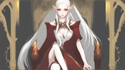 Hot Elf with white hair and glowing yellow eyes She wears a dark red dress