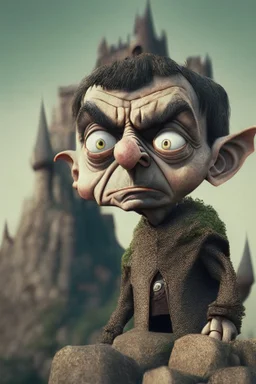 mr bean as goblin kid is stone castle, 4 k, trending art, depth of field