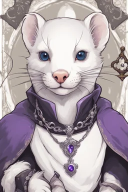 (anthropomorphic white ferret),dressed in ((cleric fantasy)) black and purple clothes with silver holy ornaments, realistic anatomy, fantasy tavern on background, mage and holy symbols around, serious face, hold holy symbol, tired face, in the style of LOISH, look at the vivewer, blue eyes, cute face, 2d, ink lines, fantasy inspire