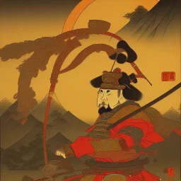 Samurai Japanese Ukiyo-e, sun in the background, walking in the mountains