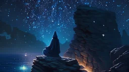 Minecraft Character, minecraft theme, purple starry sky, meditating, facing back, wearing gown, minecraft style, in between two cliffs,