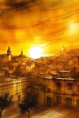 Drawing paper,A breathtaking scene capturing the warm hues of the sunset casting a golden glow over the historic buildings of the Old City of Jerusalem.