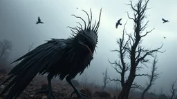 close in center weird crepy bird creature and and far away on sky different small dark crepy birds surreal thriller vibe trees in alternative surreal barren, dry, gloomy world, nightmare in abyss, deep vortex, black, gray, purple, brown, silver, dark red colors, surreal, weird dark fantasy, deep dark colors, sharp lines, crepy stunning, high detalied, weird, fog, shadows, realistic, surreal, highly detailed, melancholic thriller mood