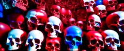 a picture of a dark, comedic, anatomically correct wall of red white and blue tightly packed stacked skulls of varying sizes and expressions, photo realistic, insanely meticulous, highly detailed, part of a collection of bones on display, 64k, dystopian, vray, anatomically correct, dystopian, horror, soviet retrofuturism