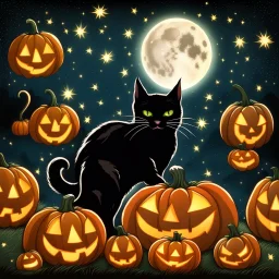 black cat on Halloween dancing with pumpkins in the photo of the starry sky