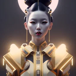 Cyber geisha, Woman, black hair, white skin, velvet dress, gold pattern dress, cyberpunk style, purpurin, highly detailed, art stations, concept art, smooth, unreal engine 5, god rays, ray tracing, RTX, lumen lighting, ultra detail, volumetric lighting, 3d, finely drawn, high definition, high resolution, gradient background