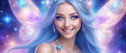 entire face and head of a beautiful bright fairy cosmic women with cosmic long straight hair, crystal jewel and dressed with a magic crystal suit. she has light make up and a sweety smile. she has a magic bright ray