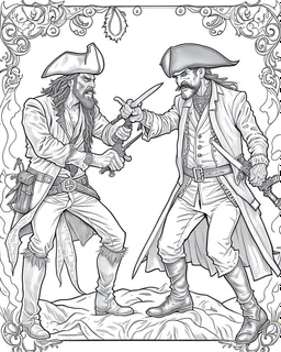 Pirates of the Caribbean: Dueling Pirates Coloring Challenge: Create an action-packed coloring page inspired by the Pirates of the Caribbean movie, featuring a dramatic scene with two pirates engaged in a thrilling sword duel. Capture the intensity of the battle with dynamic poses and expressions, providing ample space for young artists to color the characters and their surroundings in black and white. This coloring challenge invites kids to infuse their creativity into the high-stakes world of