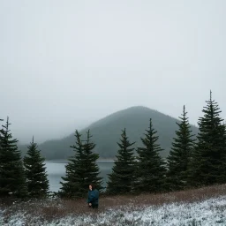 A polaroid photo of a group of fir trees in the background and a high hill in the distance. A person. A lake. The surface below is in a pastel color. Fog is present.