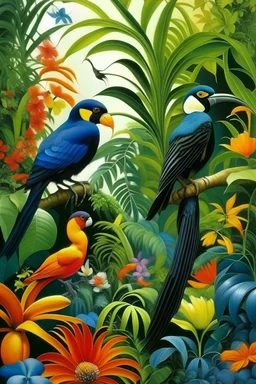 Exquisite handpainted tropical birds, like toucans and parrots, surrounded by lush foliage and vibrant flowers, creating a corner filled with avian paradise.
